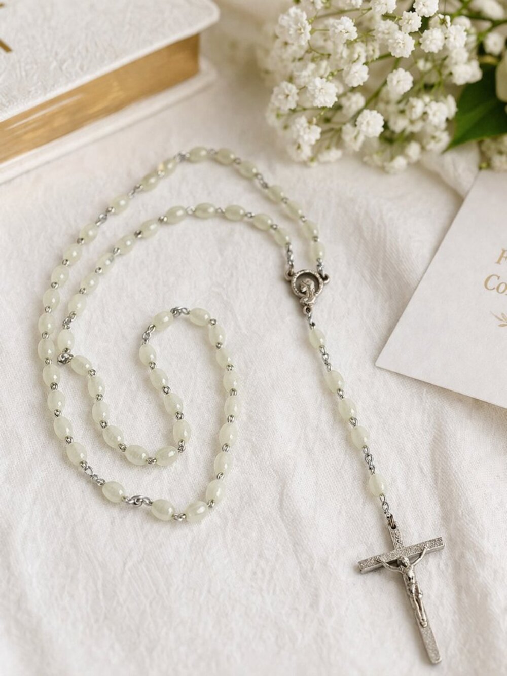 First Holy Communion Rosary – Silver Tone Crucifix & Pale Bead Rosary Necklace